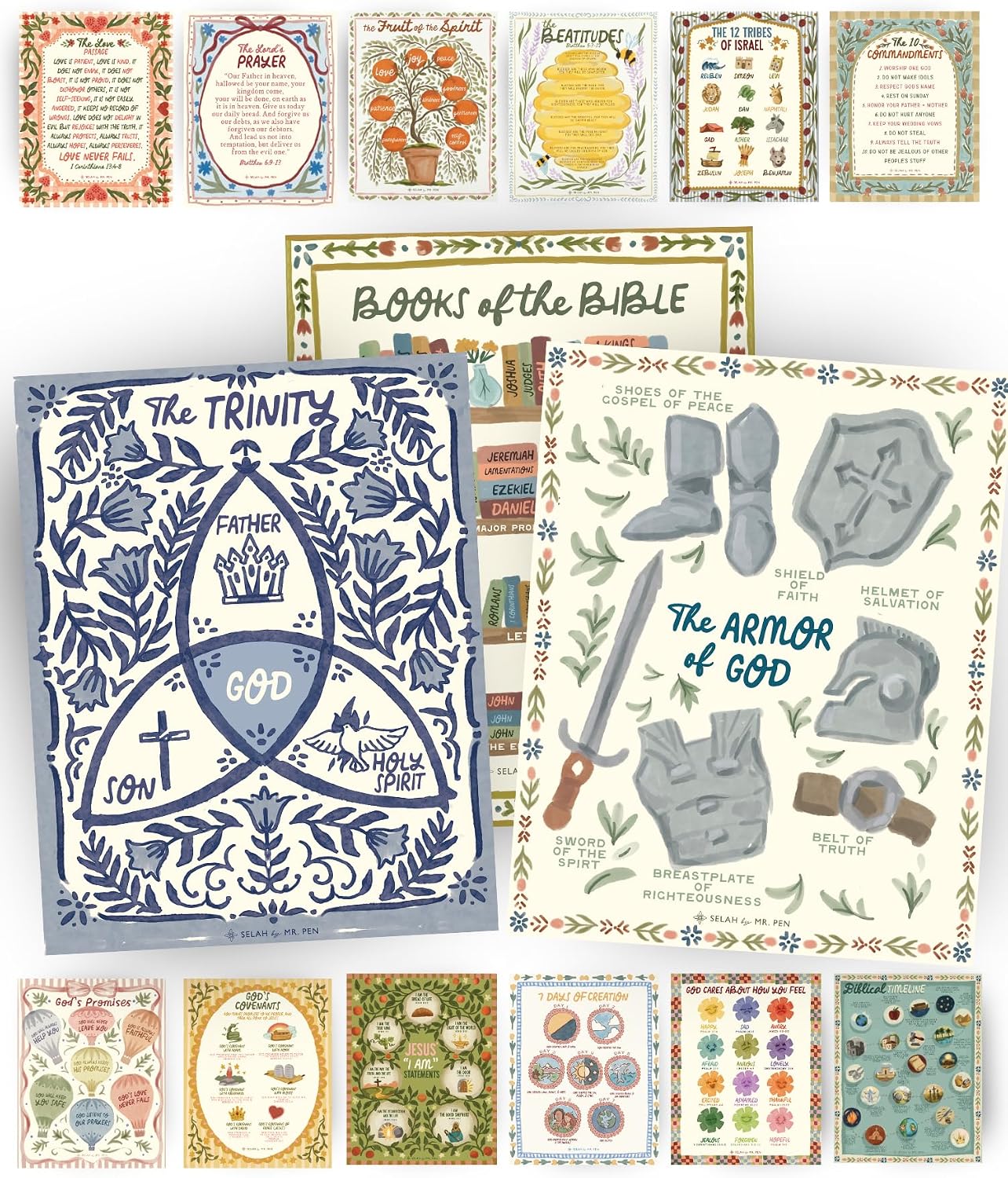 Bible Posters, 15pc, Hand Drawn, 14x11 inch, Laminated