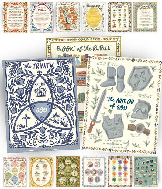 Bible Posters, 15pc, Hand Drawn, 14x11 inch, Laminated