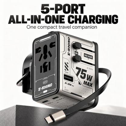 ⚡ 75W MAX All-in-One Travel Adapter – 5-Port Charging Hub with Built-In USB-C Cable 🌍🔌