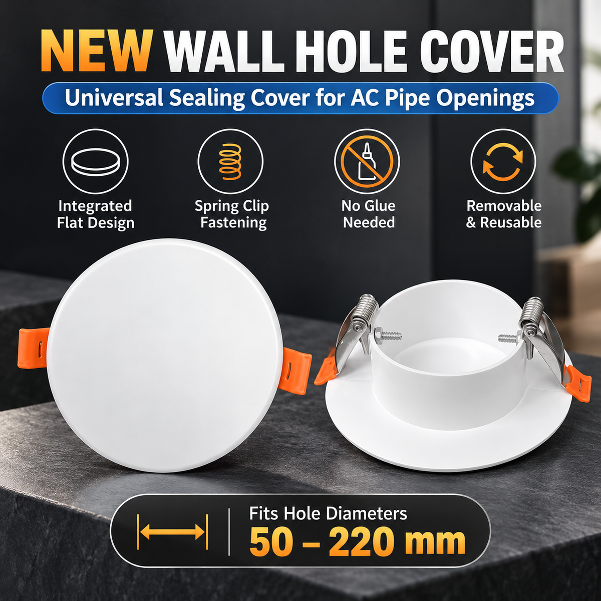 🏠 Universal Wall Hole Cover 🐭 No-Glue Spring-Clip Sealing Cap for AC & Pipe Openings (Fits 50–220mm)