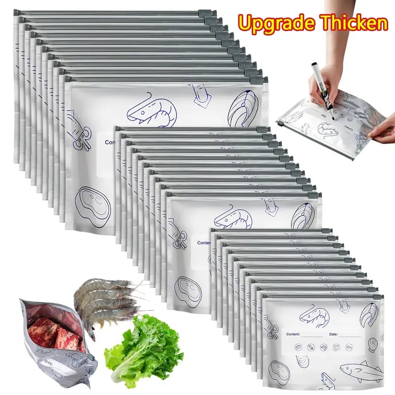 Reusable Aluminum Foil Sealable Storage Bags, 2025 New Resealable Vacuum Zipper Pouches for Food, Stand Up Foil Sealable Bags with Label and Zip Lock for Vegetable Fruit Meat