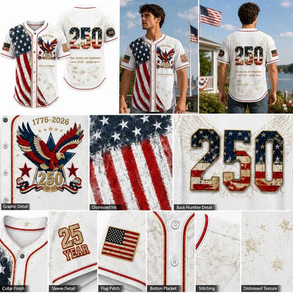 Men's USA 250th Anniversary Baseball Jersey Patriotic American Flag Eagle Button Down Shirt 1776-2026