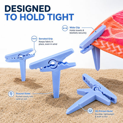 🏖️ Beach Towel & Blanket Anchor Clips – 4-Pack Windproof Sand Stakes for Beach, Camping & Picnics