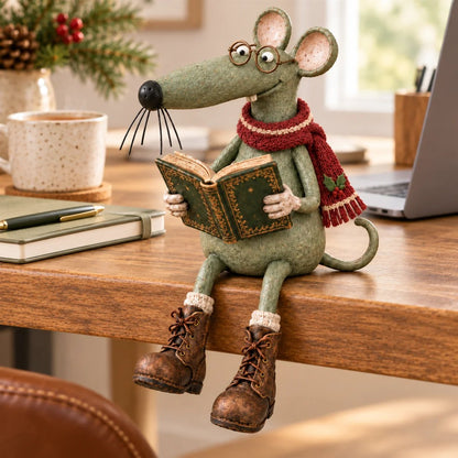 🐭📚 Whimsical Reading Mouse Shelf Sitter – Vintage Book Lover Figurine & Cozy Home Décor