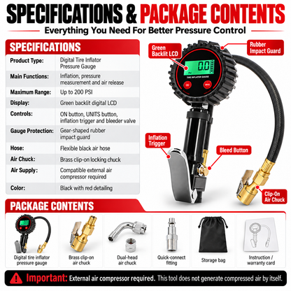 🚗 200 PSI Digital Tire Inflator Gauge – 3-in-1 Air Chuck, Pressure Gauge & Bleeder