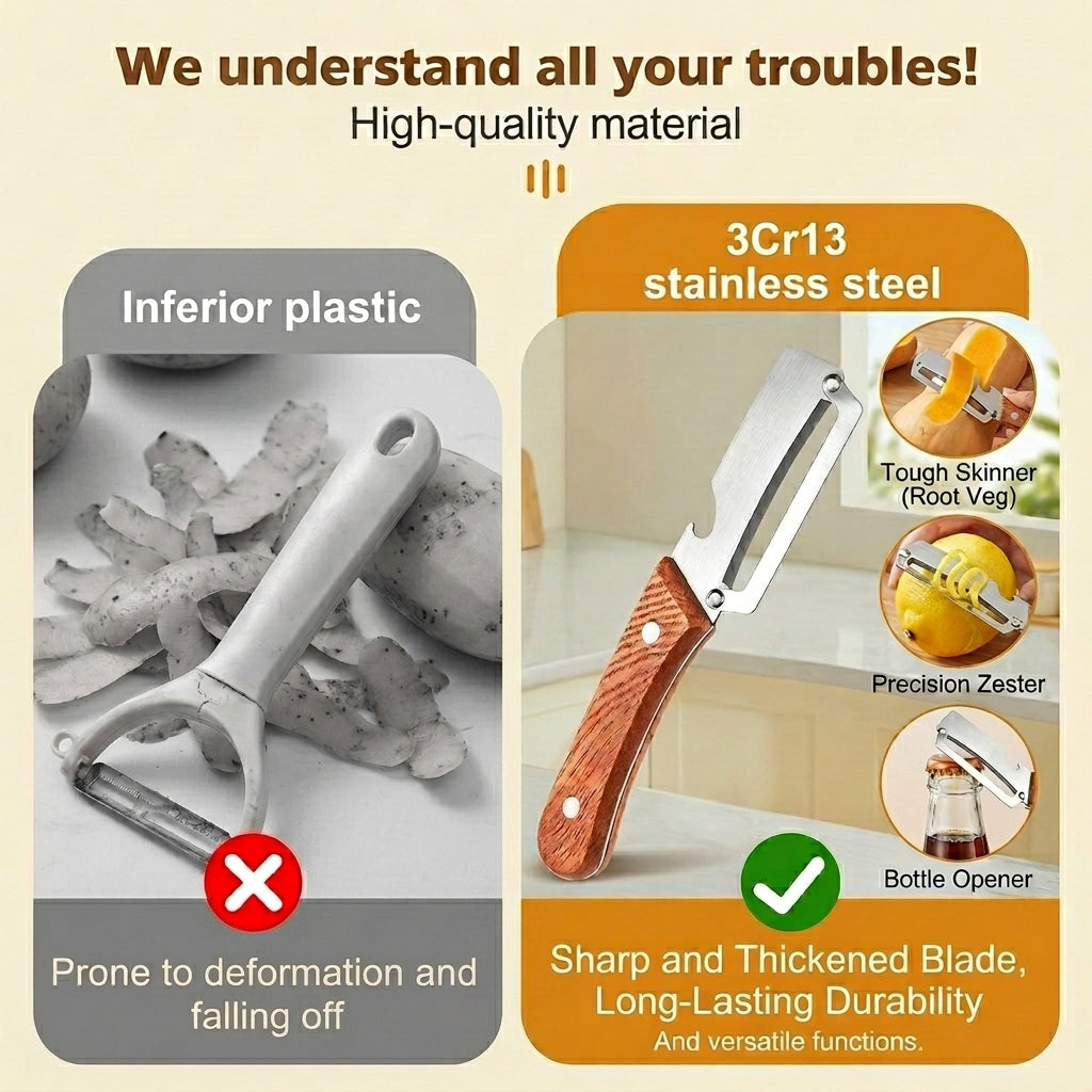 Ultra-Sharp Stainless Steel Peeler with Wooden Grip & Bottle Opener