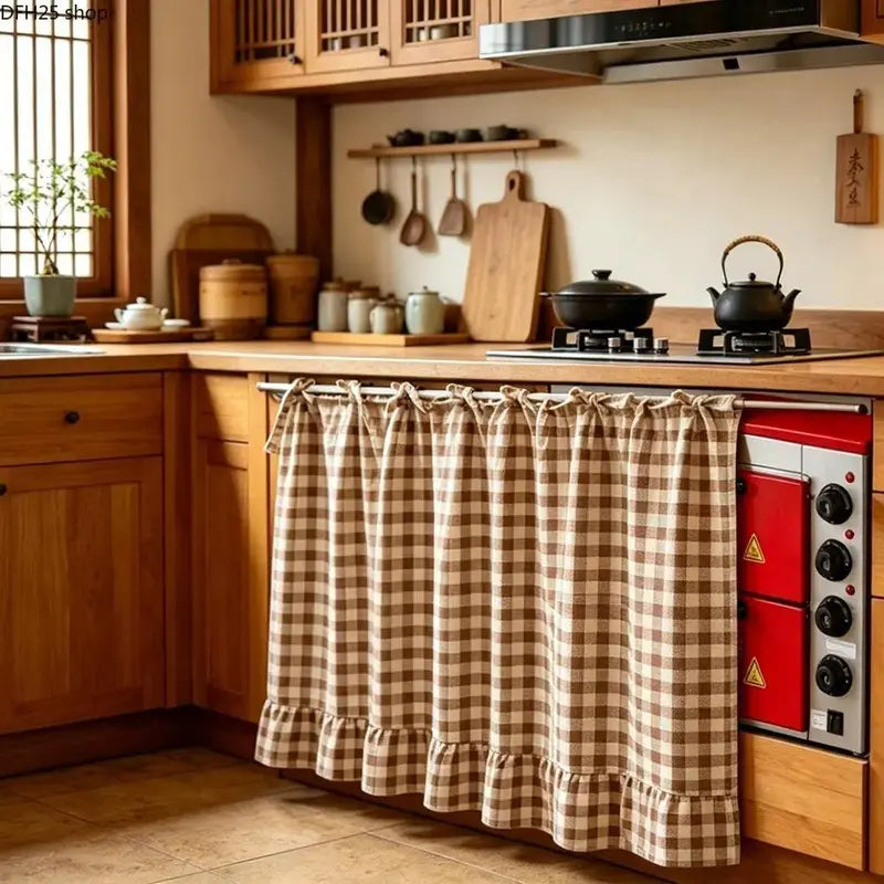 Farmhouse-Style Stove Curtain, Gingham Grid Ruffle-Edge Tier Curtains, Rural Short Window Valance, Home Kitchen Dust Cover, Plaid Floral Window Treatments, Aesthetic House Decor, Unique Room Decor