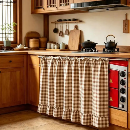Farmhouse-Style Stove Curtain, Gingham Grid Ruffle-Edge Tier Curtains, Rural Short Window Valance, Home Kitchen Dust Cover, Plaid Floral Window Treatments, Aesthetic House Decor, Unique Room Decor