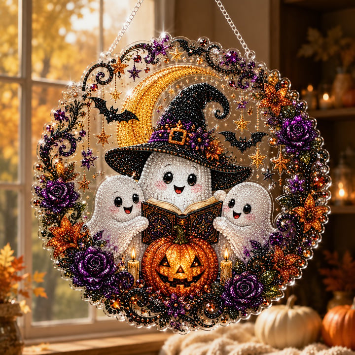 🔥Last Day 50% OFF-🎃Halloween Moon Ghost Diamond Art Hanging Ornament Kit