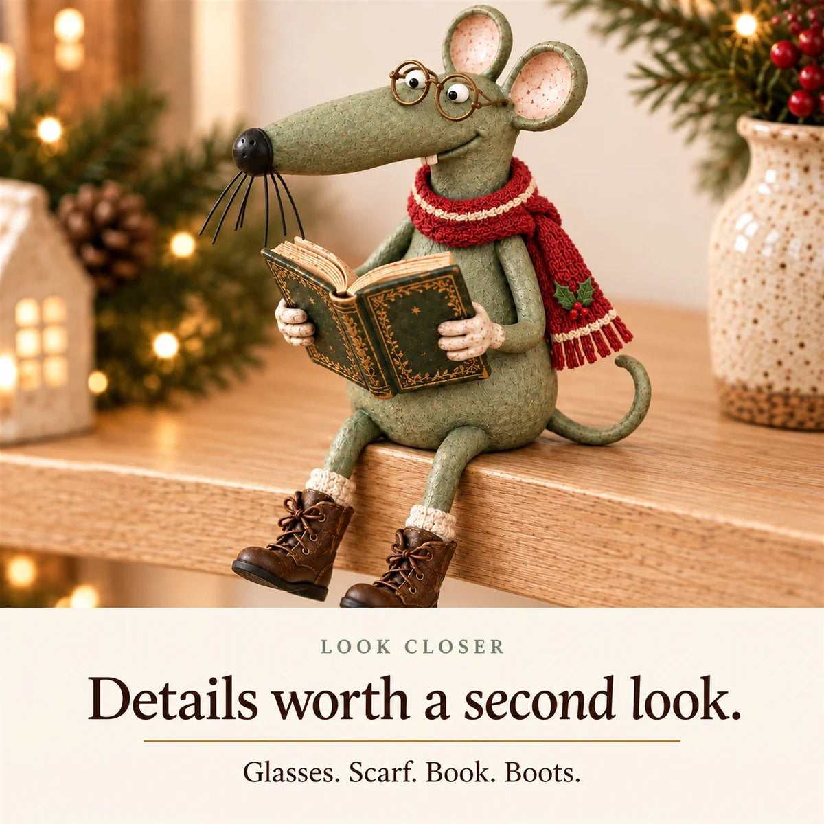 🐭📚 Whimsical Reading Mouse Shelf Sitter – Vintage Book Lover Figurine & Cozy Home Décor