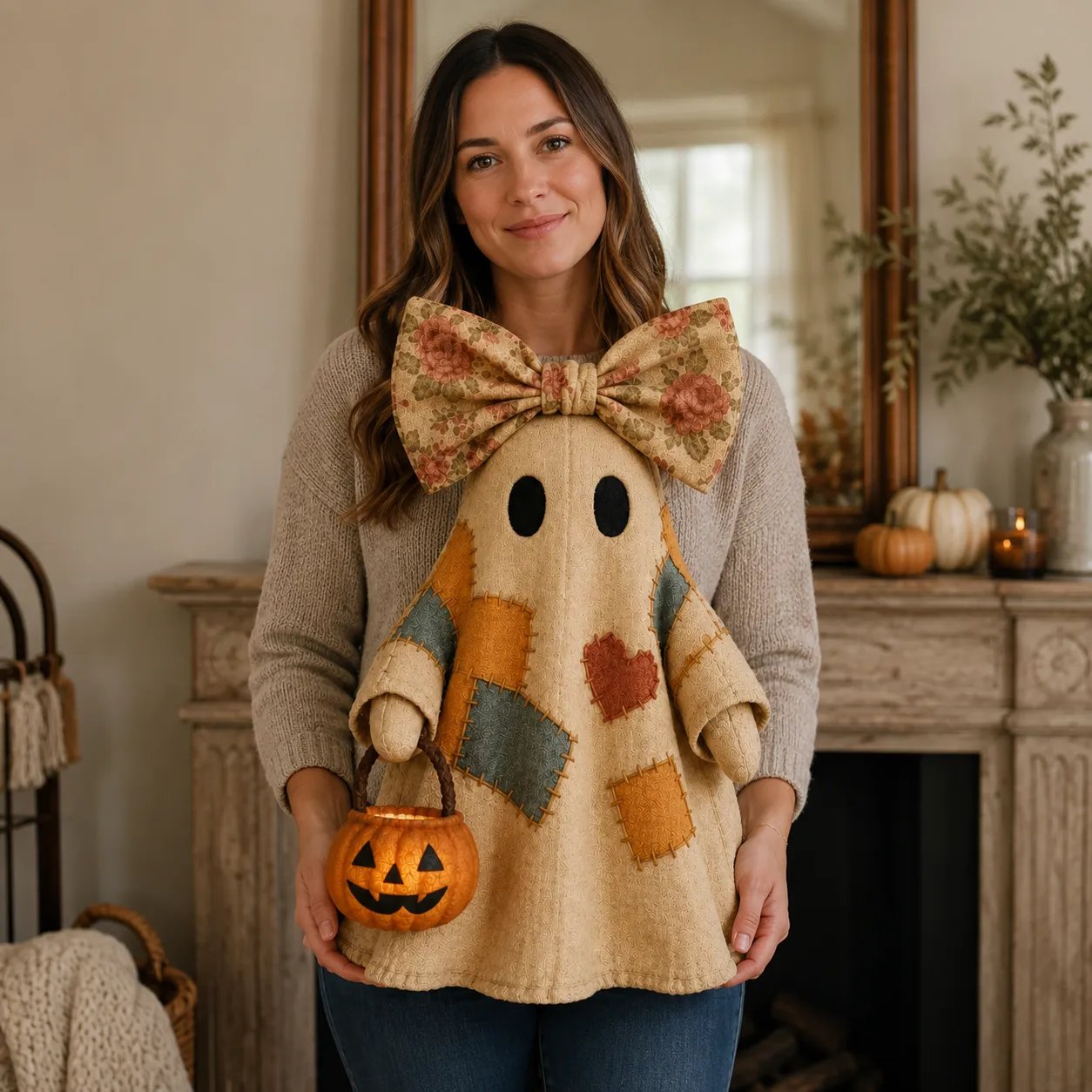 🍂 Vintage Patchwork Light-Up Ghost with Glowing Pumpkin Pail