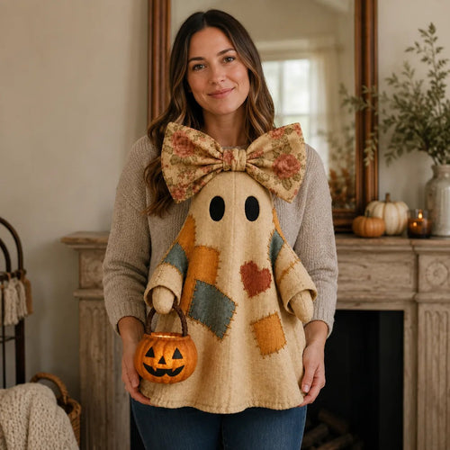 🍂 Vintage Patchwork Light-Up Ghost with Glowing Pumpkin Pail