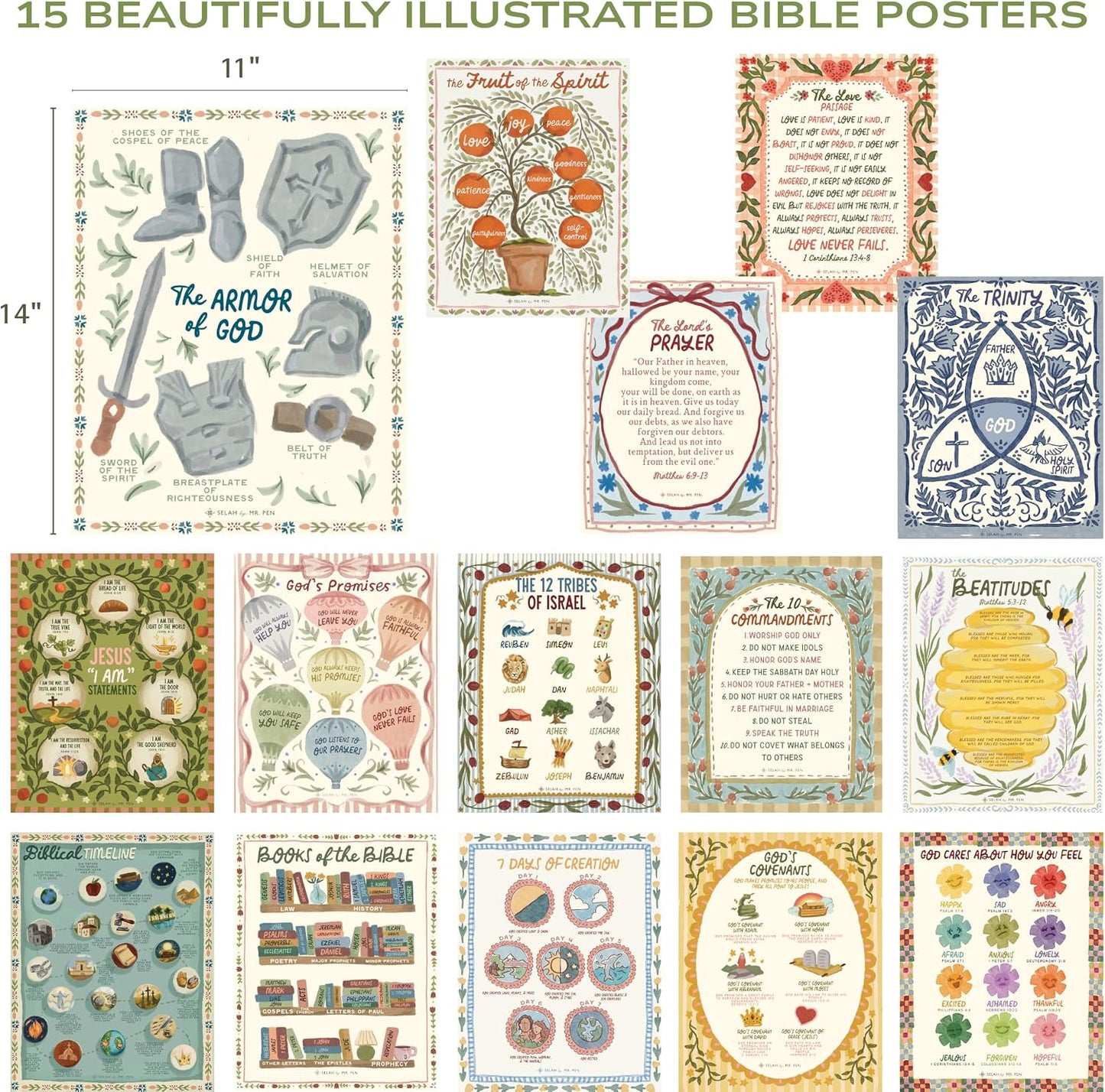 Bible Posters, 15pc, Hand Drawn, 14x11 inch, Laminated