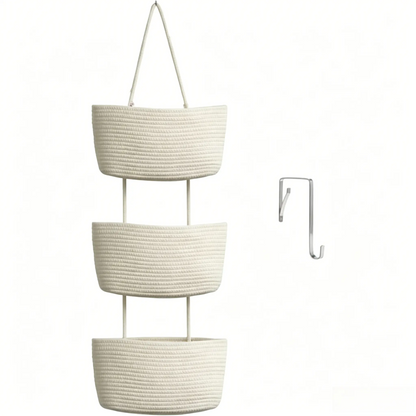 Woven cotton 3-Tier Over the Door Basket, Wall-Mounted Jute Bathroom Storage Organizer – Decorative Nursery Baskets