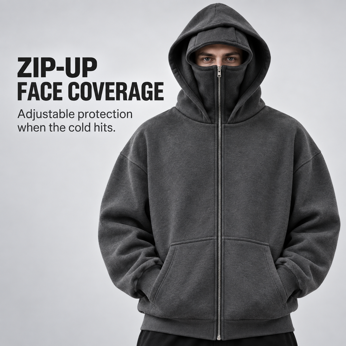Full Zip Face Mask Hoodie - Premium Fleece Lined Hooded Sweatshirt, Trendy Y2K Streetwear Jacket for Spring & Fall 🧥