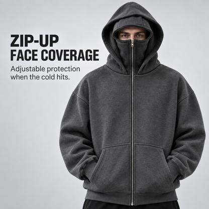 Full Zip Face Mask Hoodie - Premium Fleece Lined Hooded Sweatshirt, Trendy Y2K Streetwear Jacket for Spring & Fall 🧥