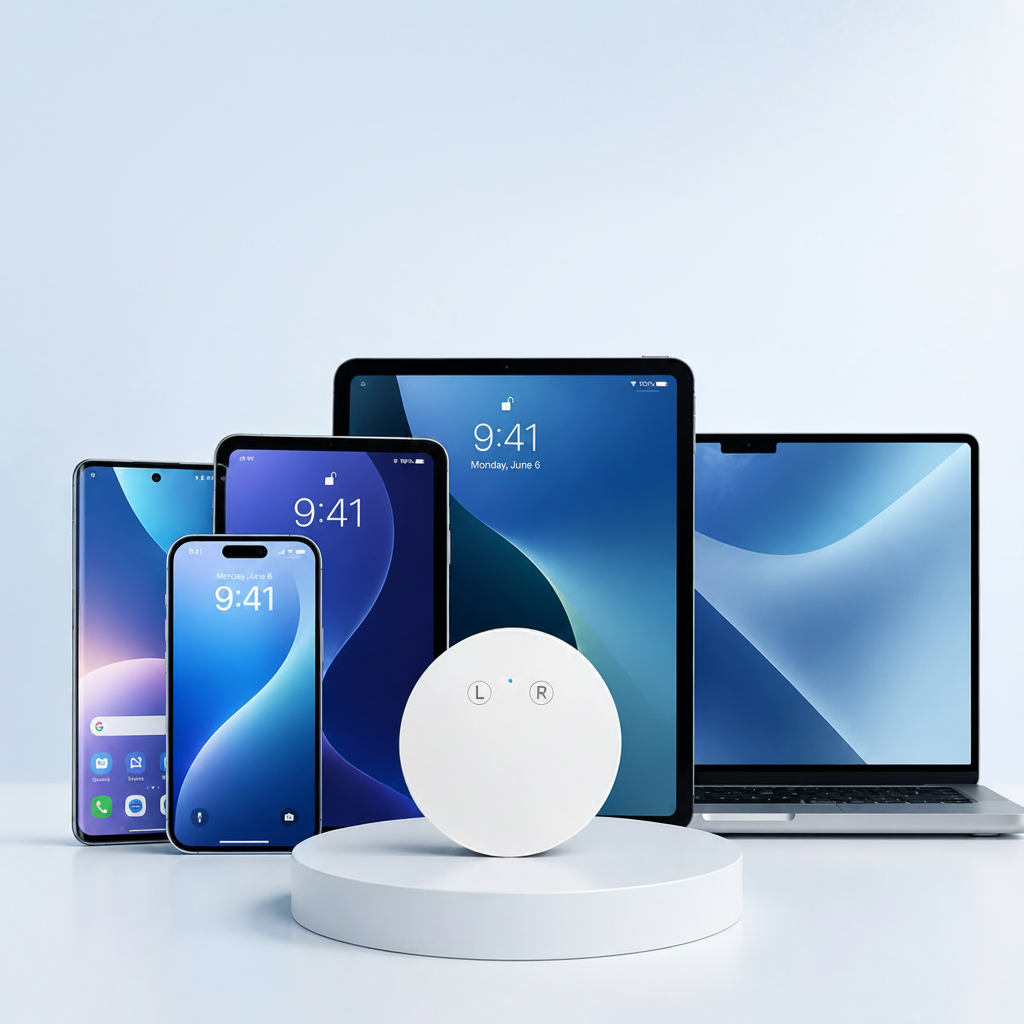 AI Pocket Translator shown with smartphones, tablets and a laptop
