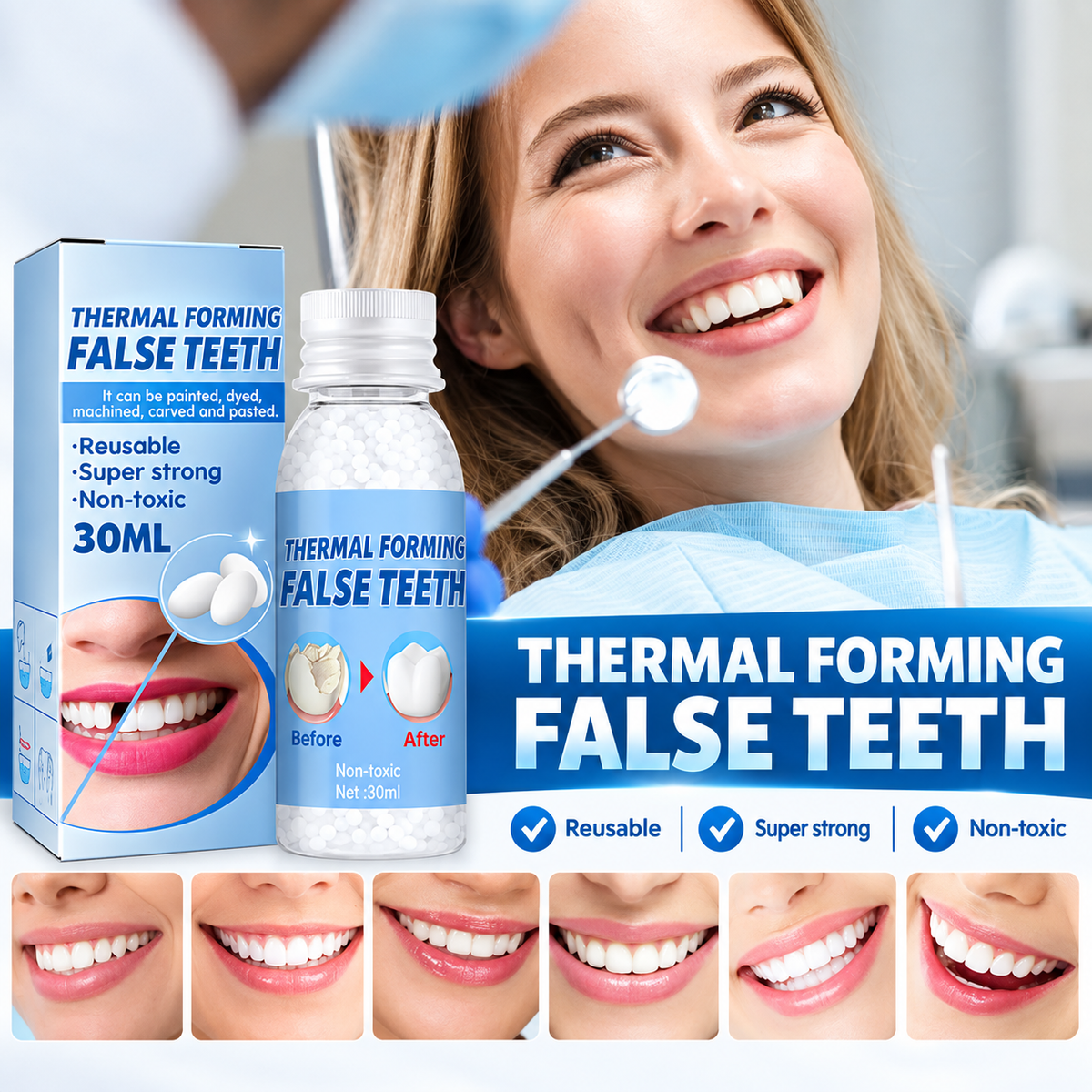 Hot melt adhesive denture beads for temporary restoration of missing or broken teeth | Filling alternatives