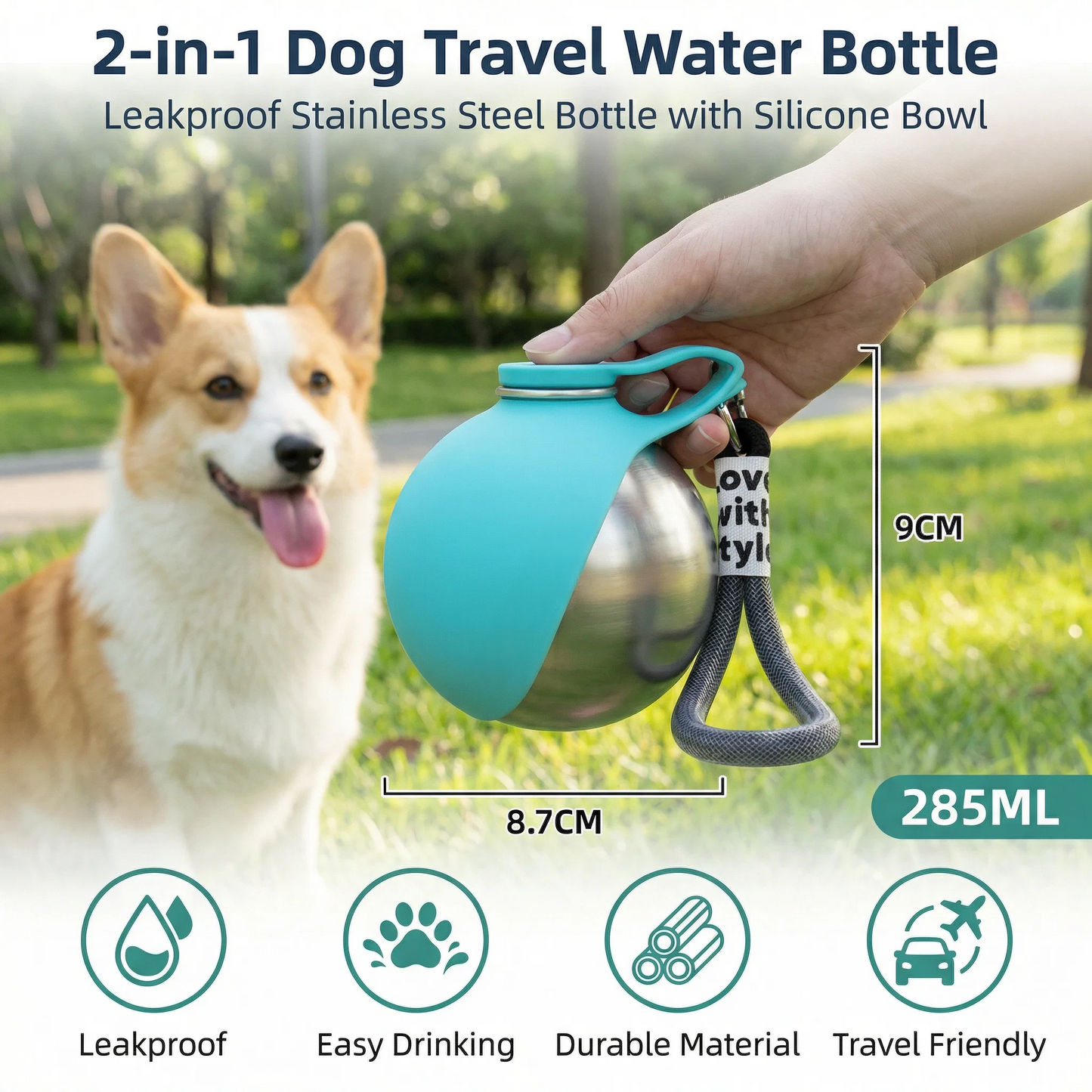 2-in-1 Dog Travel Water Bottle – Leakproof Stainless Steel Bottle with Silicone Bowl
