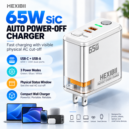 ⚡ 65W SiC Smart Auto Power-Off Charger – USB-C + USB-A Fast Charging with Physical Cut-Off