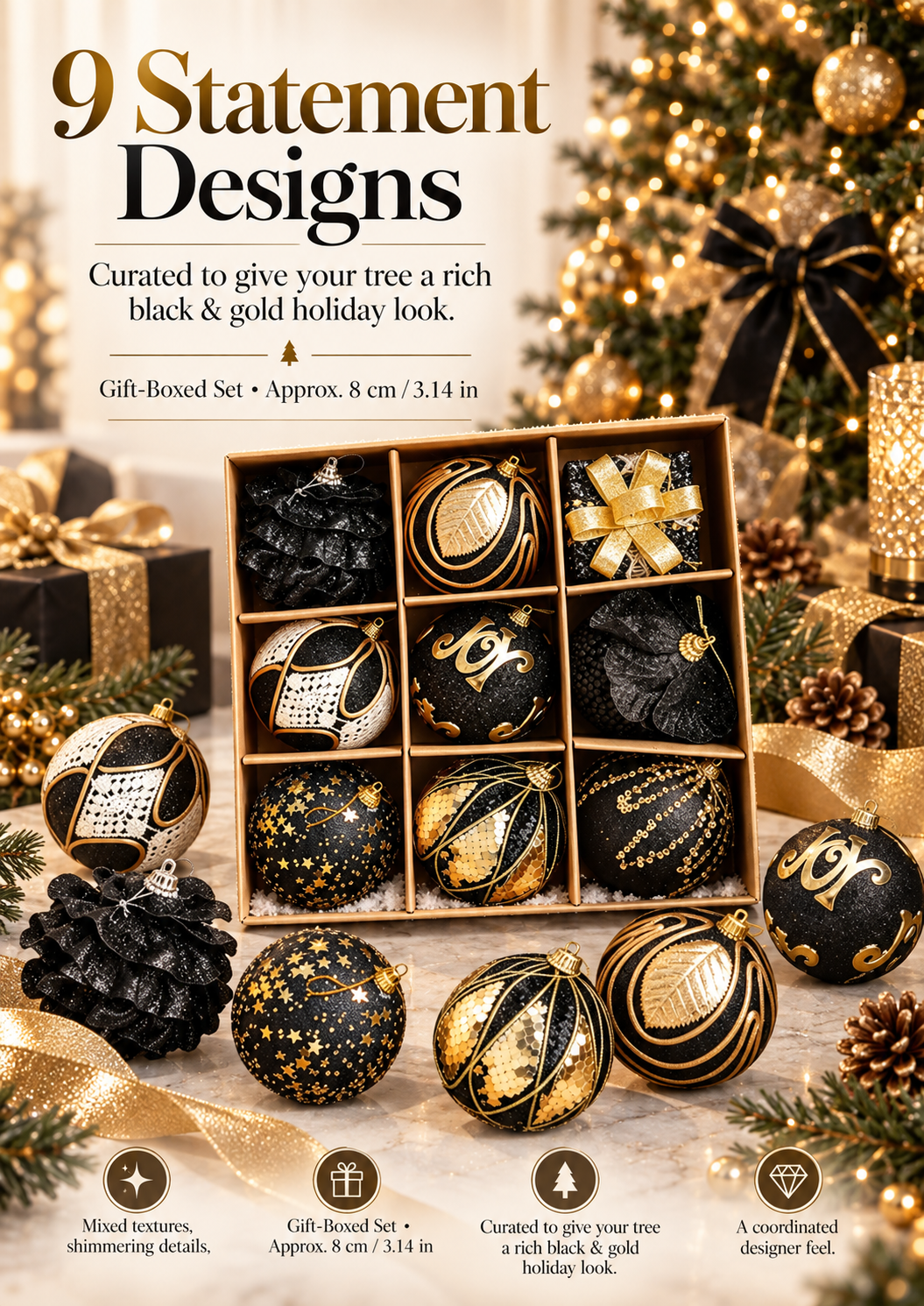 🖤✨ The Black & Gold Christmas Edit – 9 Statement Ornaments | 42% Off
