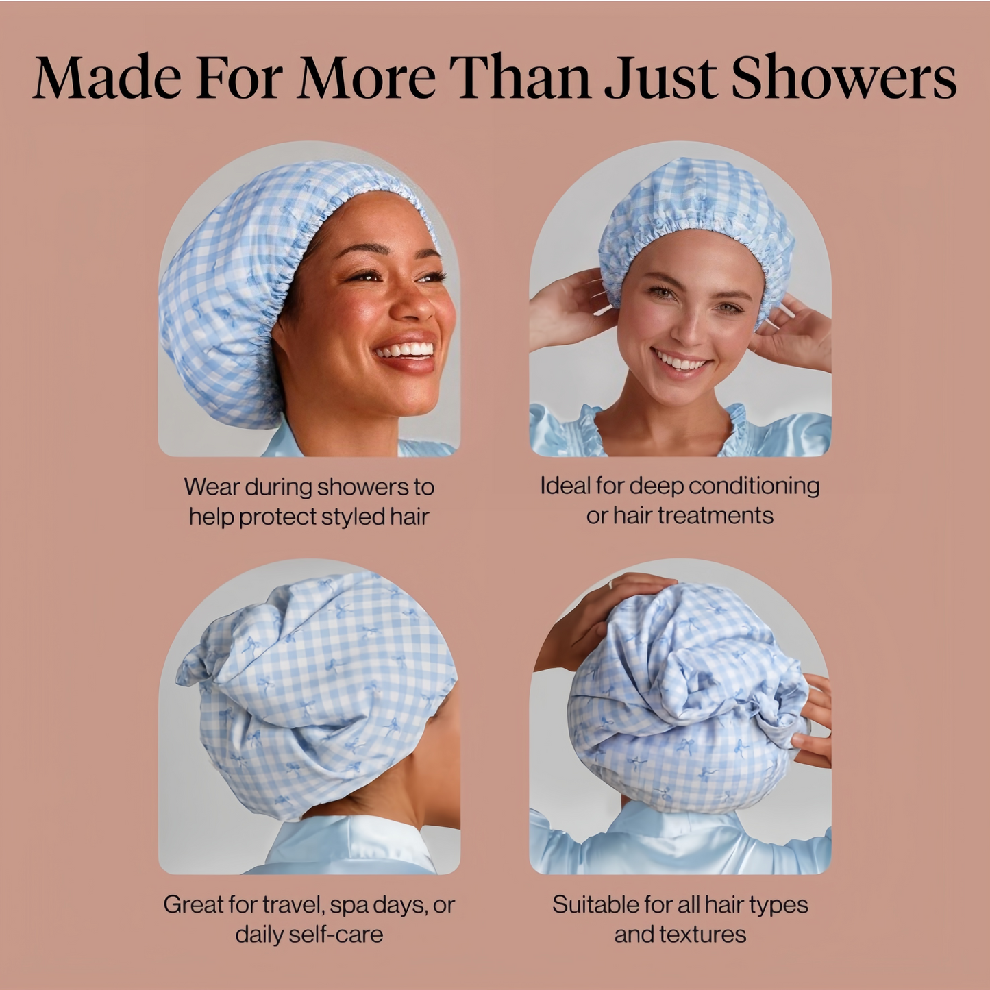 Gingham Blue Satin Lined Flexi Shower Cap