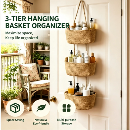 Woven cotton 3-Tier Over the Door Basket, Wall-Mounted Jute Bathroom Storage Organizer – Decorative Nursery Baskets