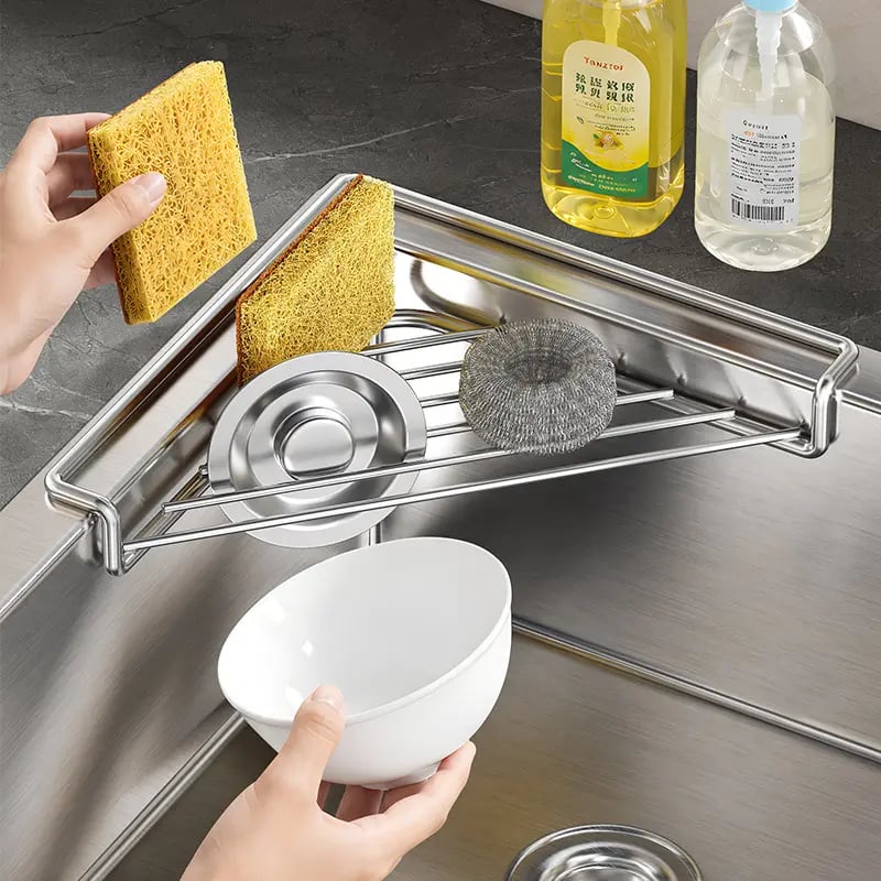 💦✨Stainless Steel Corner Sink Shelf with Triangular Open Wire Rack Design