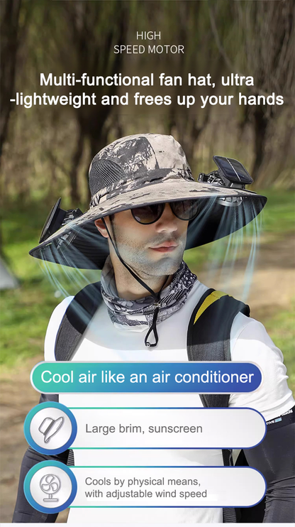 🔥Premium Solar Fan Wide Brim Hat❄️ Instant Cooling& Full UV Protection🏕️ Perfect for Fishing, Hiking & Gardening