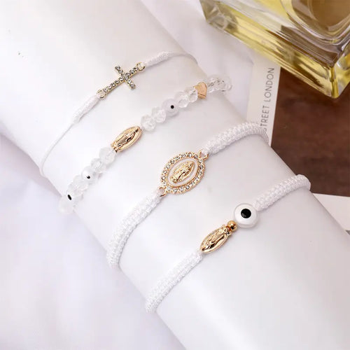Men's & Women's 4-Piece Braided Strings Charm Bracelets Set with Rhinestones