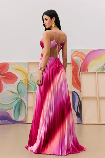 Free Shipping-Gradient Color Halter Neck Pleated Long Skirt Beach Holiday Dress