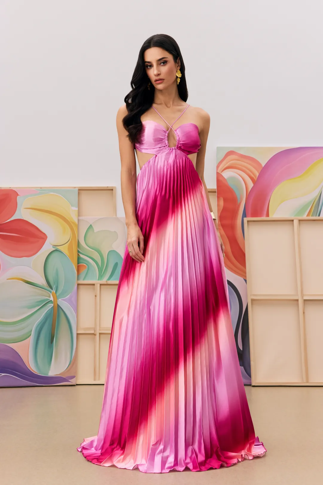 Free Shipping-Gradient Color Halter Neck Pleated Long Skirt Beach Holiday Dress