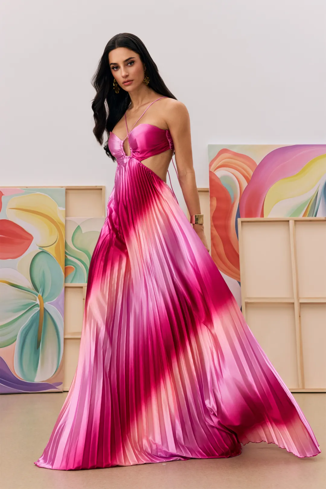 Free Shipping-Gradient Color Halter Neck Pleated Long Skirt Beach Holiday Dress
