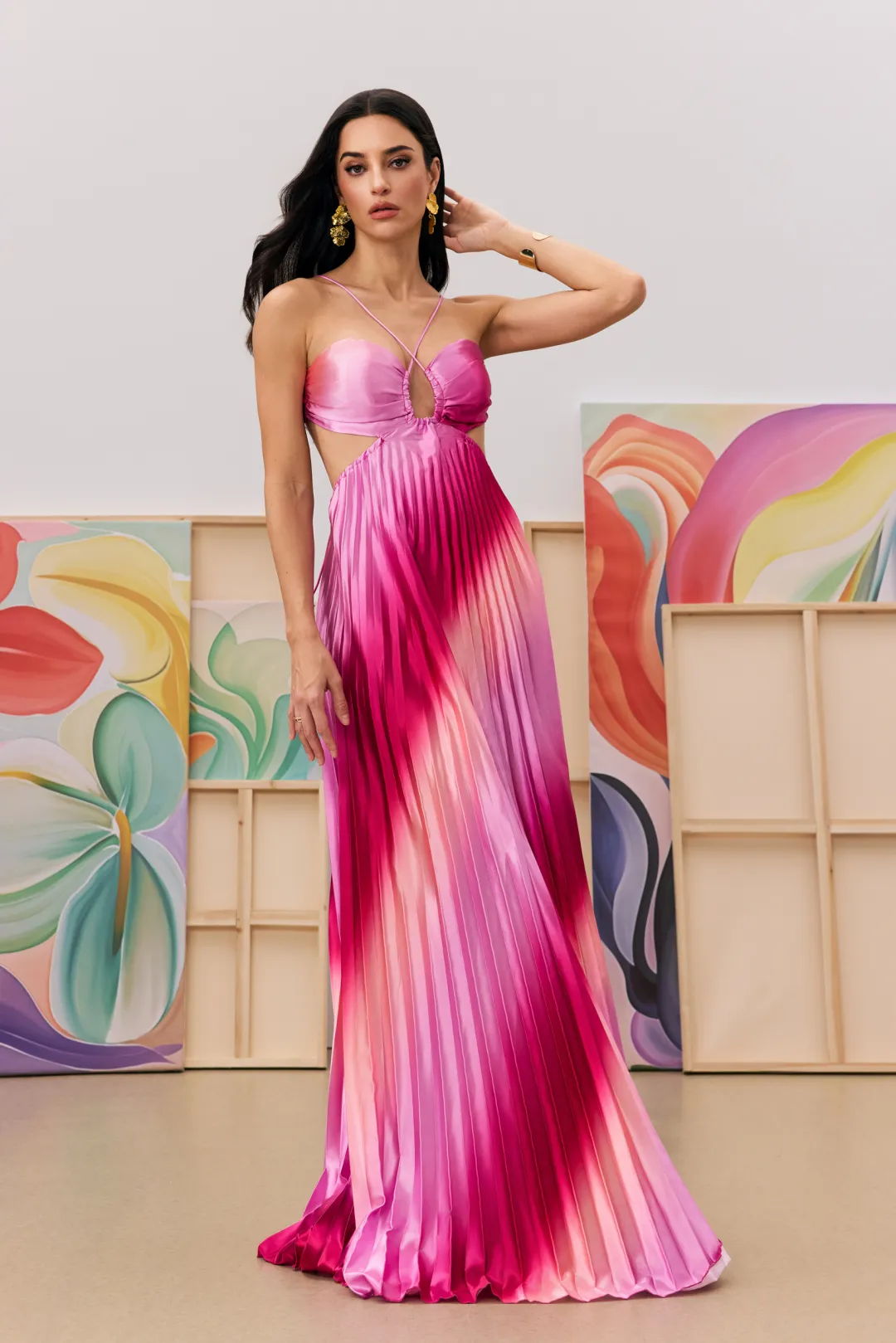 Free Shipping-Gradient Color Halter Neck Pleated Long Skirt Beach Holiday Dress