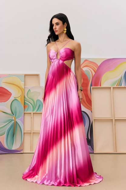 Free Shipping-Gradient Color Halter Neck Pleated Long Skirt Beach Holiday Dress