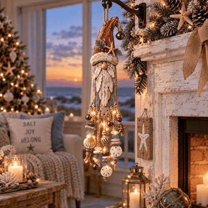 Vintage Coastal Santa Lighted Wall Decor – Beach House Christmas Hanging with Starfish, Shells & Warm Glow