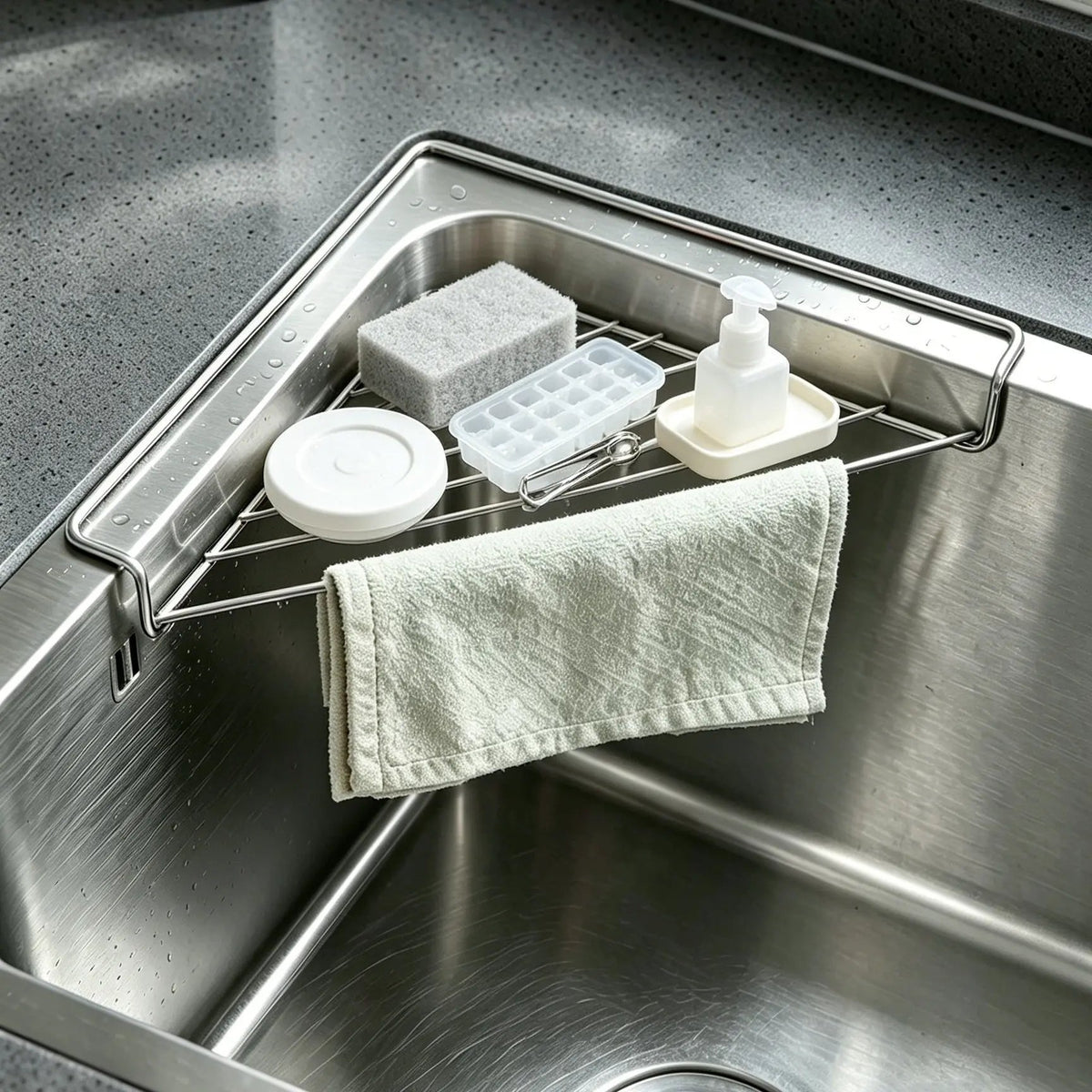 💦✨Stainless Steel Corner Sink Shelf with Triangular Open Wire Rack Design
