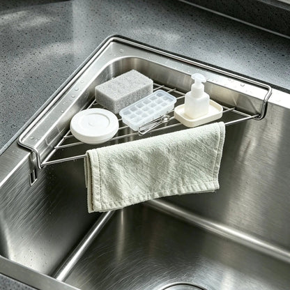 💦✨Stainless Steel Corner Sink Shelf with Triangular Open Wire Rack Design