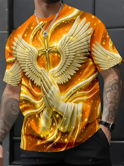 🙏✝️ Men's Religious Angel Wings Cross 3D T-Shirt | Faith-Inspired Short Sleeve Summer Tee