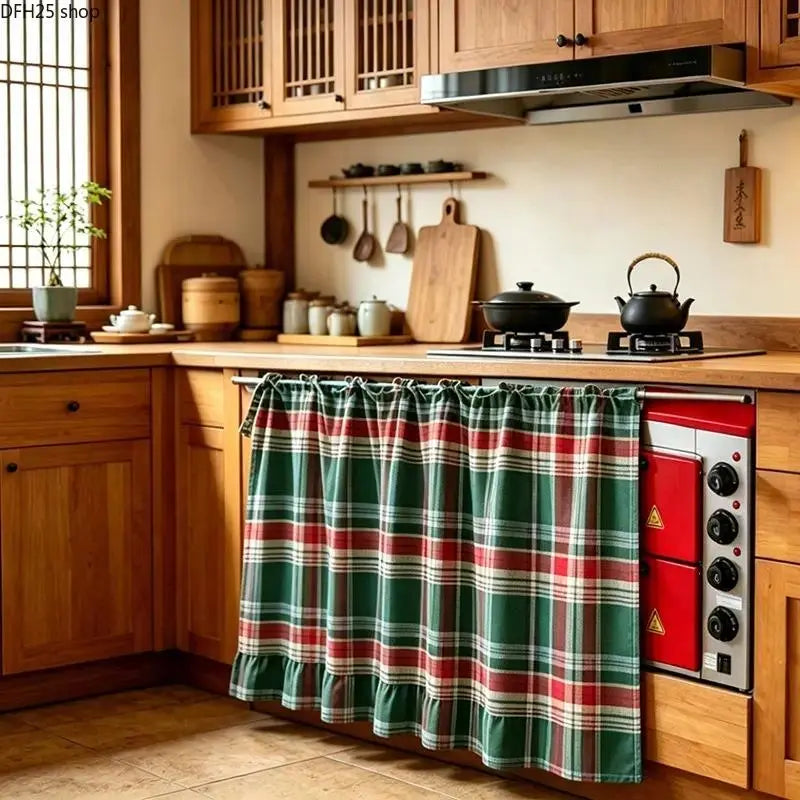 Farmhouse-Style Stove Curtain, Gingham Grid Ruffle-Edge Tier Curtains, Rural Short Window Valance, Home Kitchen Dust Cover, Plaid Floral Window Treatments, Aesthetic House Decor, Unique Room Decor