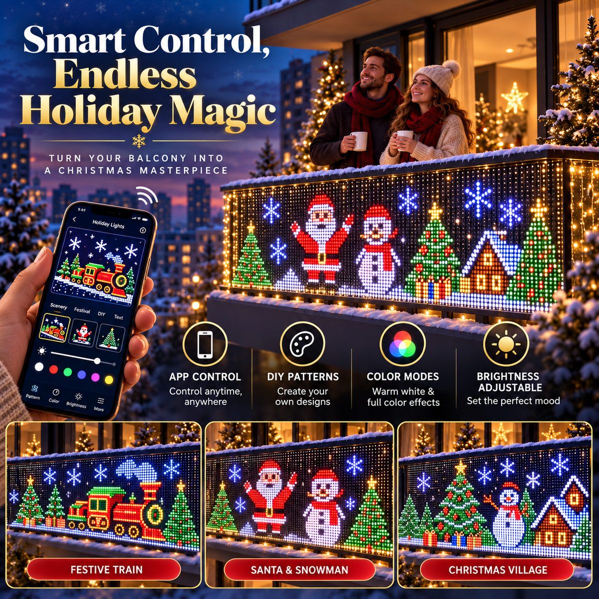 🎄 Smart RGB Pixel Balcony Lights – App-Controlled Animated Holiday Display for Balcony & Window Decor-2m*2m