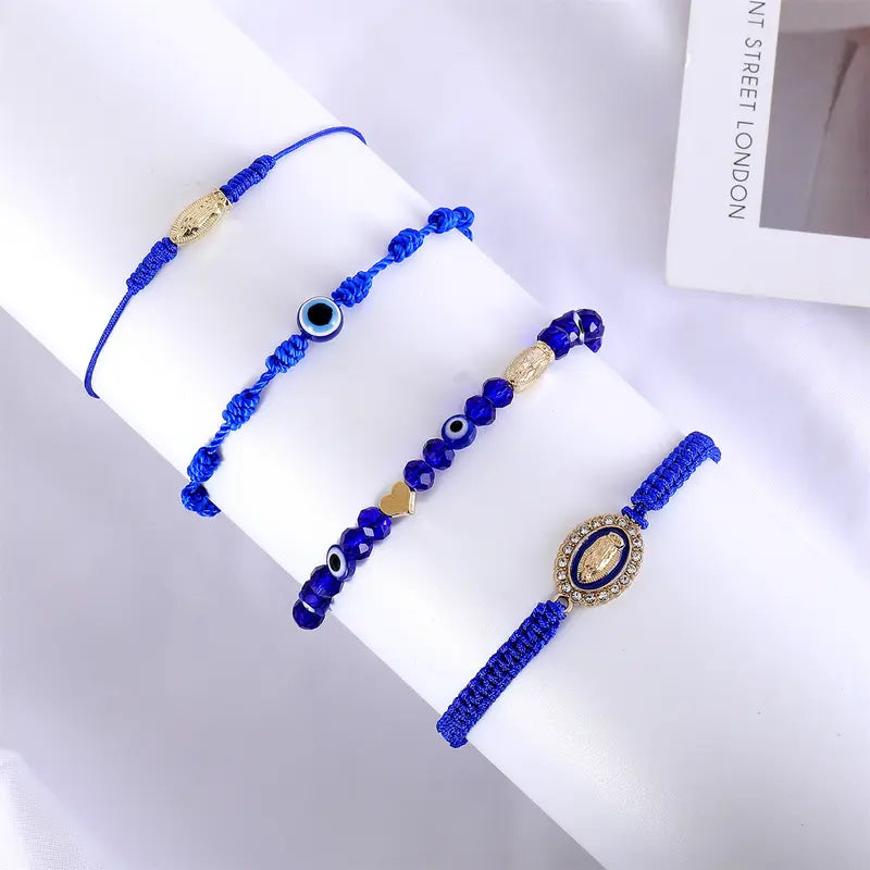 Men's & Women's 4-Piece Braided Strings Charm Bracelets Set with Rhinestones