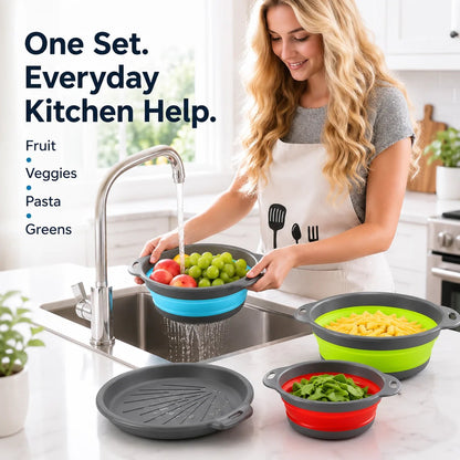 Collapsible Colander Set of 3 – Space-Saving Strainers with Draining Base | Small Medium Large