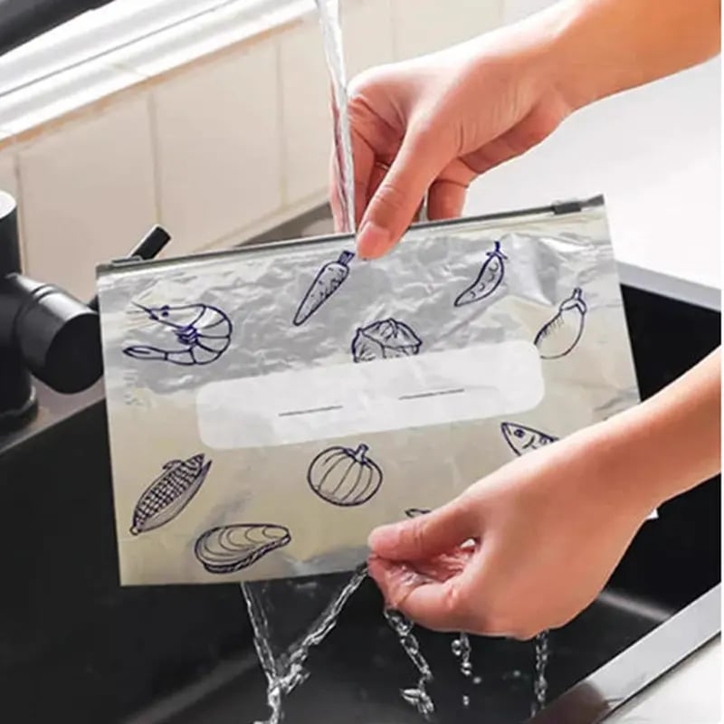 Reusable Aluminum Foil Sealable Storage Bags, 2025 New Resealable Vacuum Zipper Pouches for Food, Stand Up Foil Sealable Bags with Label and Zip Lock for Vegetable Fruit Meat
