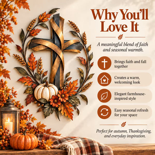✝️🍂 Autumn Cross & Pumpkin Harvest Metal Wall Decor