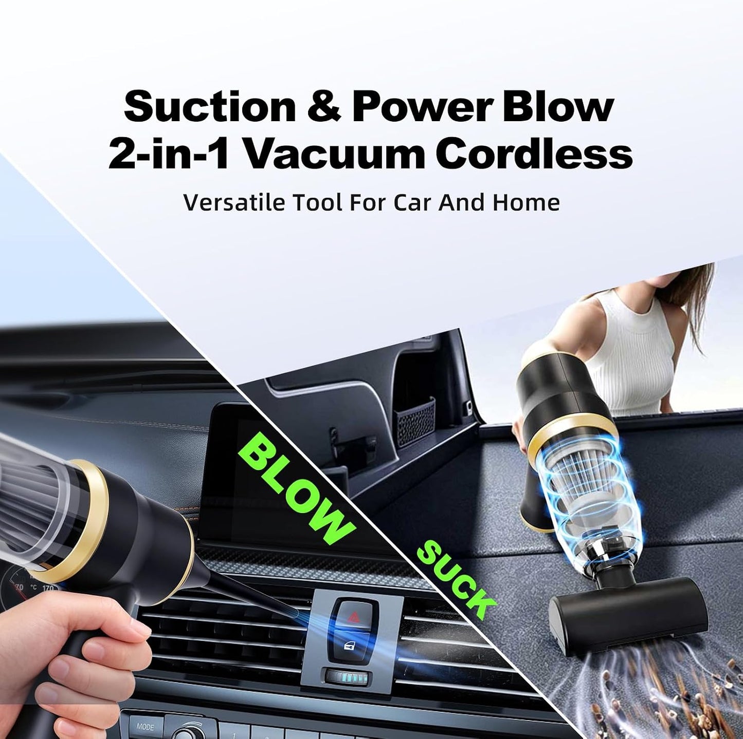 15kPa Car Vacuum, Handheld Vacuum Cordless with Blow & Suction, Heavy-Duty Cordless Vacuum Cleaners for Car Detailing, Pet Hair and Office, Portable Cordless Vacuum Cleaner with Washable Filter