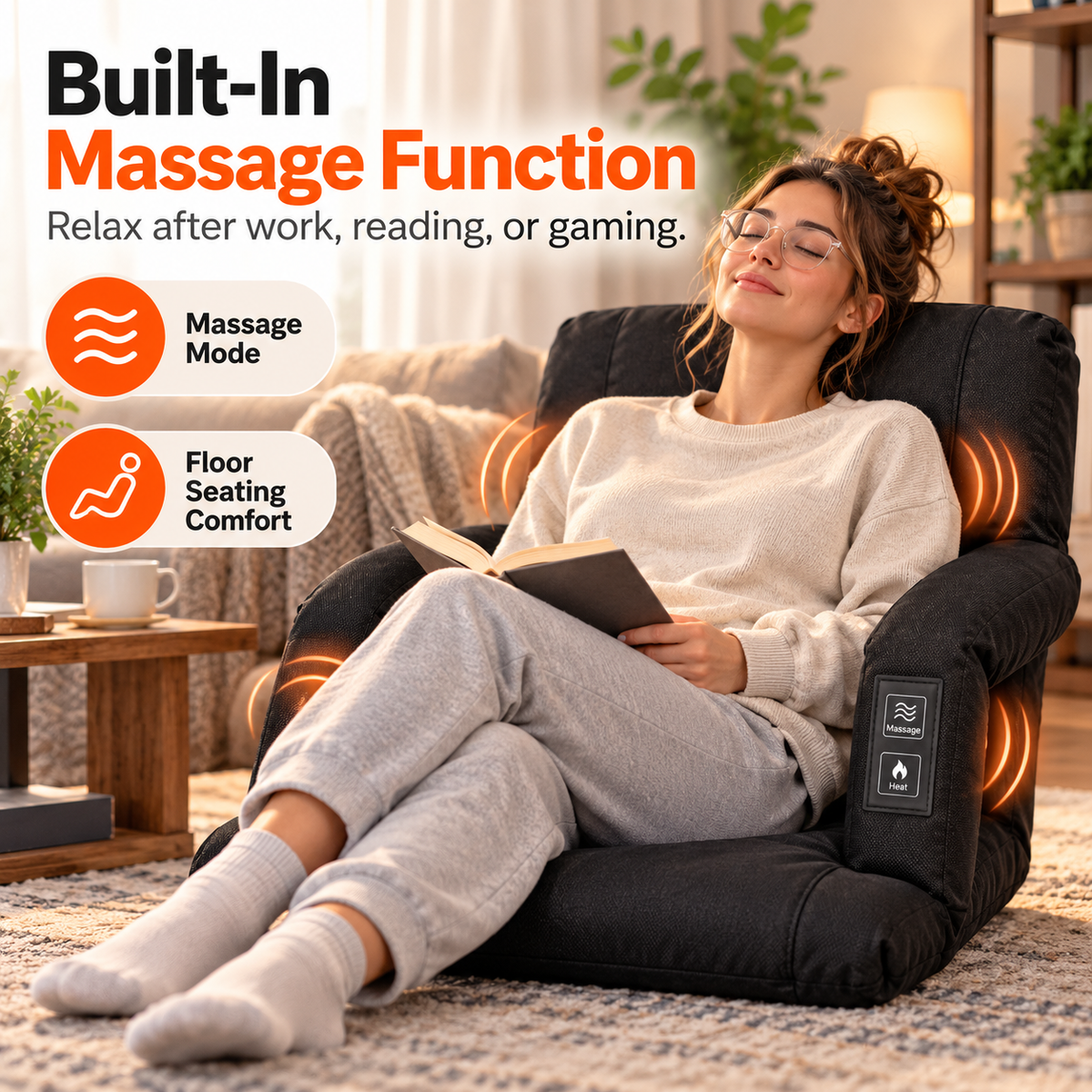 🔥 Heated Massage Floor Chair – Foldable Portable Lounge Seat with Padded Back & Armrests 🪑