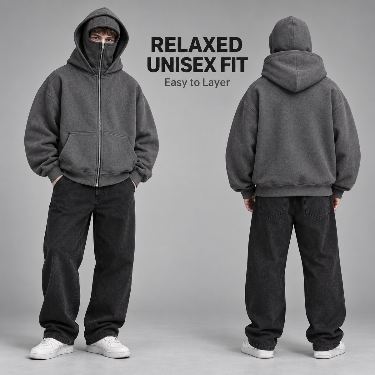 Full Zip Face Mask Hoodie - Premium Fleece Lined Hooded Sweatshirt, Trendy Y2K Streetwear Jacket for Spring & Fall 🧥