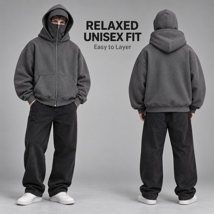 Full Zip Face Mask Hoodie - Premium Fleece Lined Hooded Sweatshirt, Trendy Y2K Streetwear Jacket for Spring & Fall 🧥