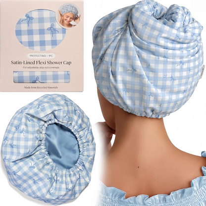Gingham Blue Satin Lined Flexi Shower Cap